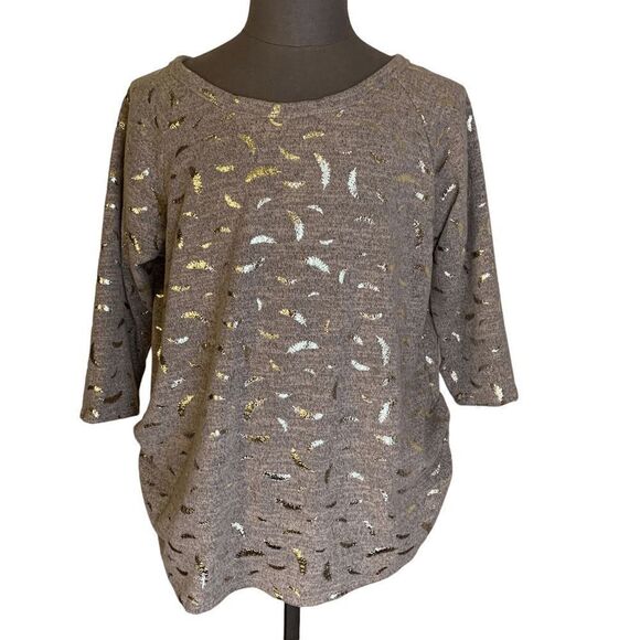 SjS Women's size 2X heather peach gray 3/4 sleeve Metallic gold leaf Sweater - Picture 10 of 10